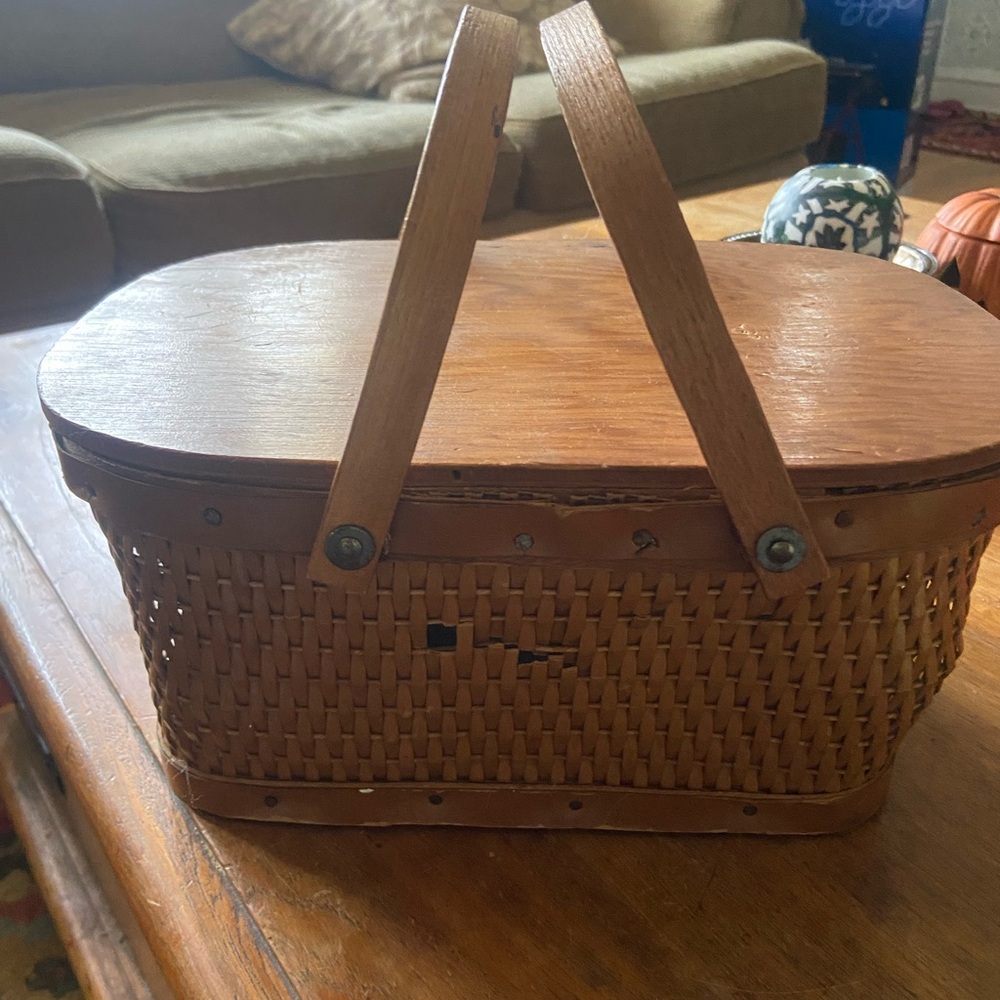 Vintage MCM Red Man Rattan Wicker Picnic Basket